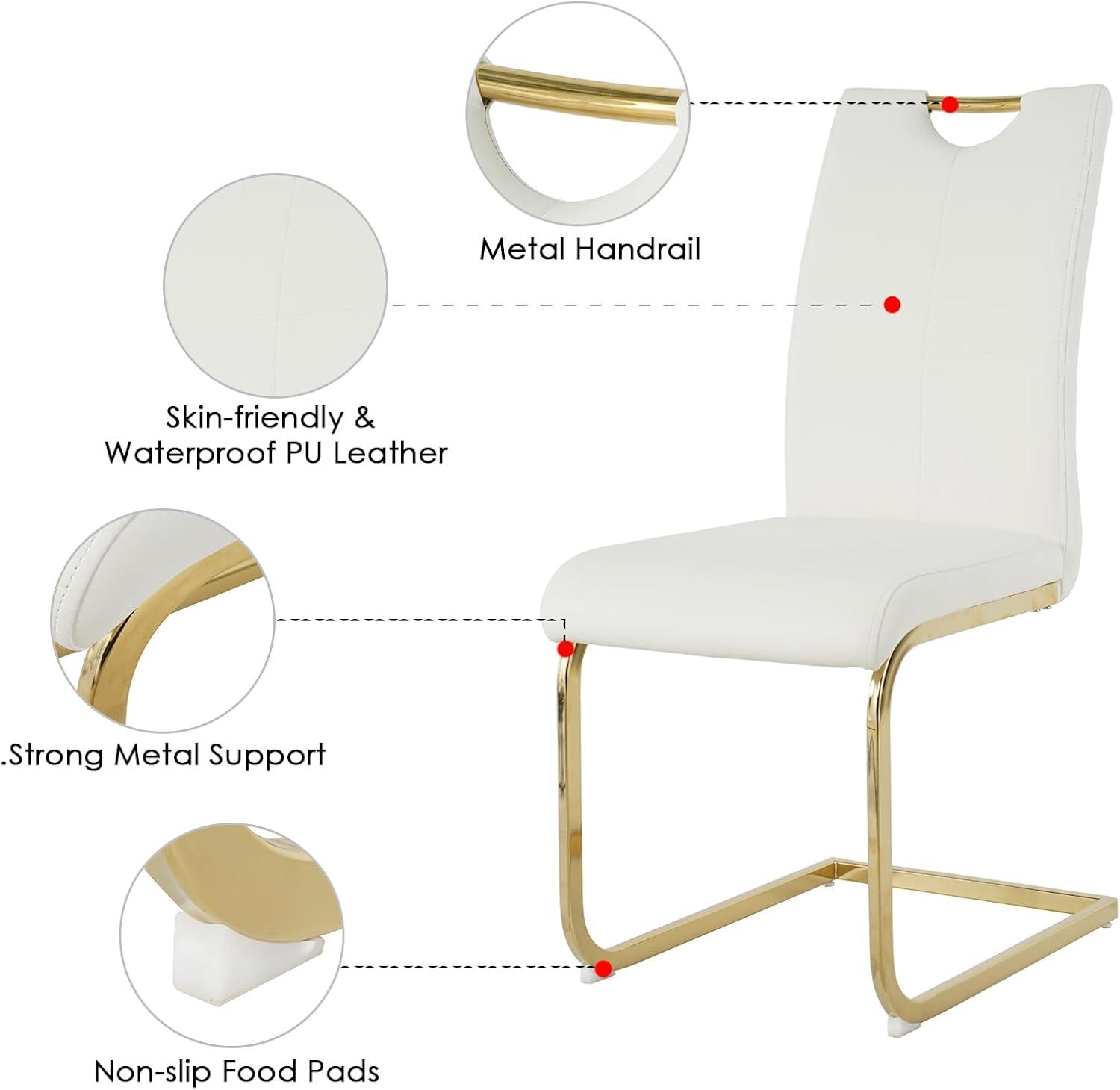 Henf 5 Piece Gold Dining Table Set for 4, Modern Glass Kitchen Table and Chairs for 4, Dining Room Table Set with 51" Glass Dinner Table & 4 White Faux Leather Chairs for Small Space,Home, Apartment