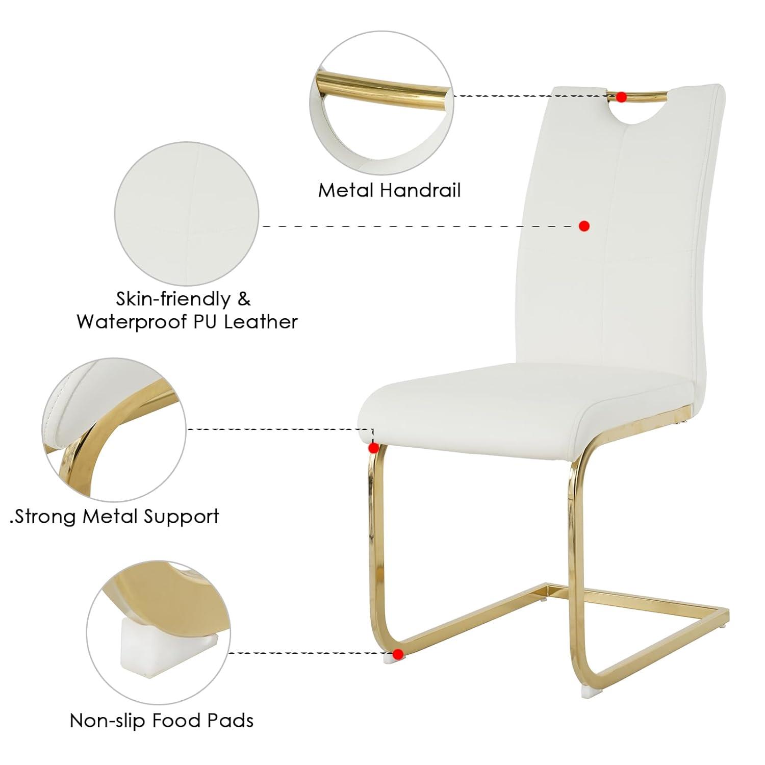 Henf 5 Piece Gold Dining Table Set for 4, Modern Glass Kitchen Table and Chairs for 4, Dining Room Table Set with 51" Glass Dinner Table & 4 White Faux Leather Chairs for Small Space,Home, Apartment