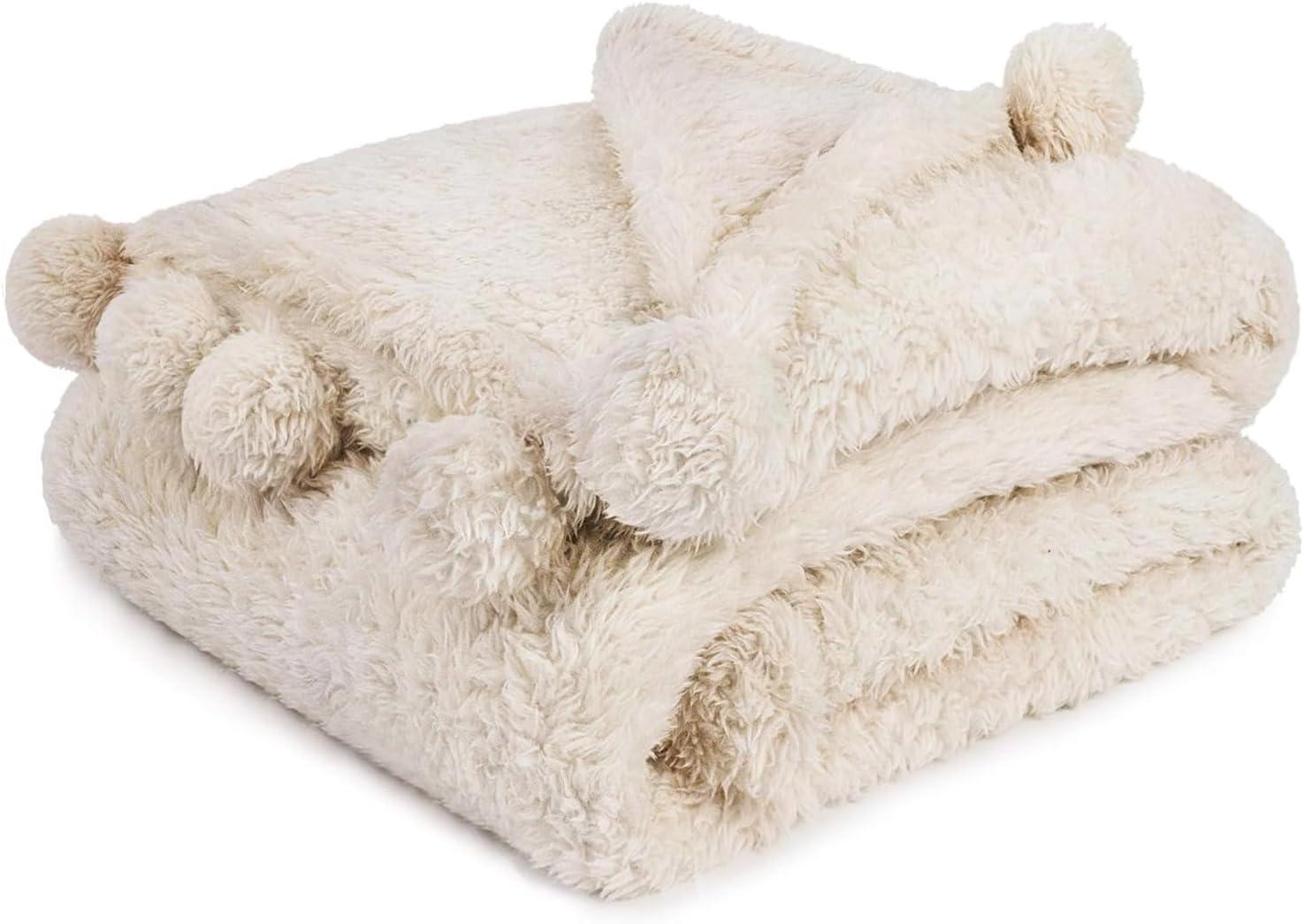 Ivory Cream Sherpa Fleece Throw Blanket with Pom Poms