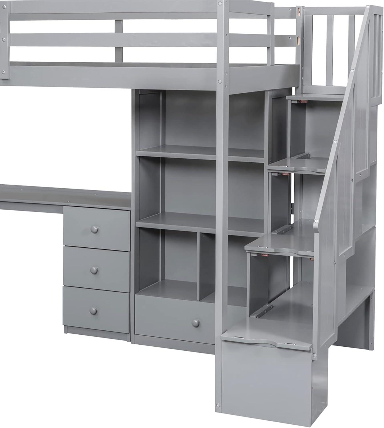 Twin Size Loft Bed with Staircase and L-Shaped Desk, Wooden Loft Bed with Storage Shelves and Drawers, Twin Loft Bunk Bed Frame for Kids Boys Girls Teens, No Box Spring Needed (Gray)