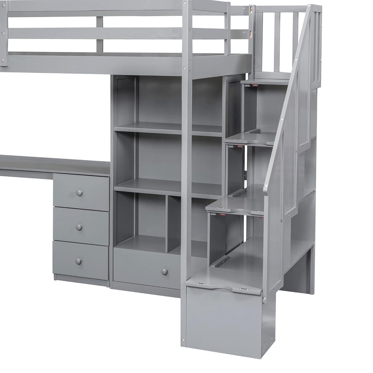 Twin Size Loft Bed with Staircase and L-Shaped Desk, Wooden Loft Bed with Storage Shelves and Drawers, Twin Loft Bunk Bed Frame for Kids Boys Girls Teens, No Box Spring Needed (Gray)