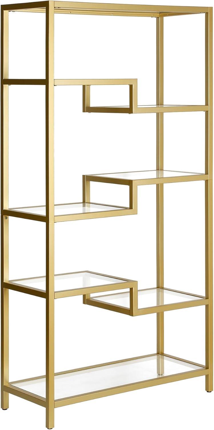 Contemporary 68'' Brass Metal and Tempered Glass 4-Tier Bookcase