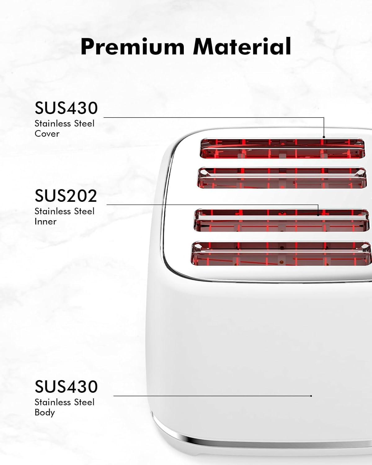 LONGDEEM 4 Slice Toaster, Extra Wide Slots, Longdeem Retro Stainless Steel Toasters, 6 Browning Options, Auto Shut Off & Frozen Function, Toast Fruit Bread, Bagel & Waffle