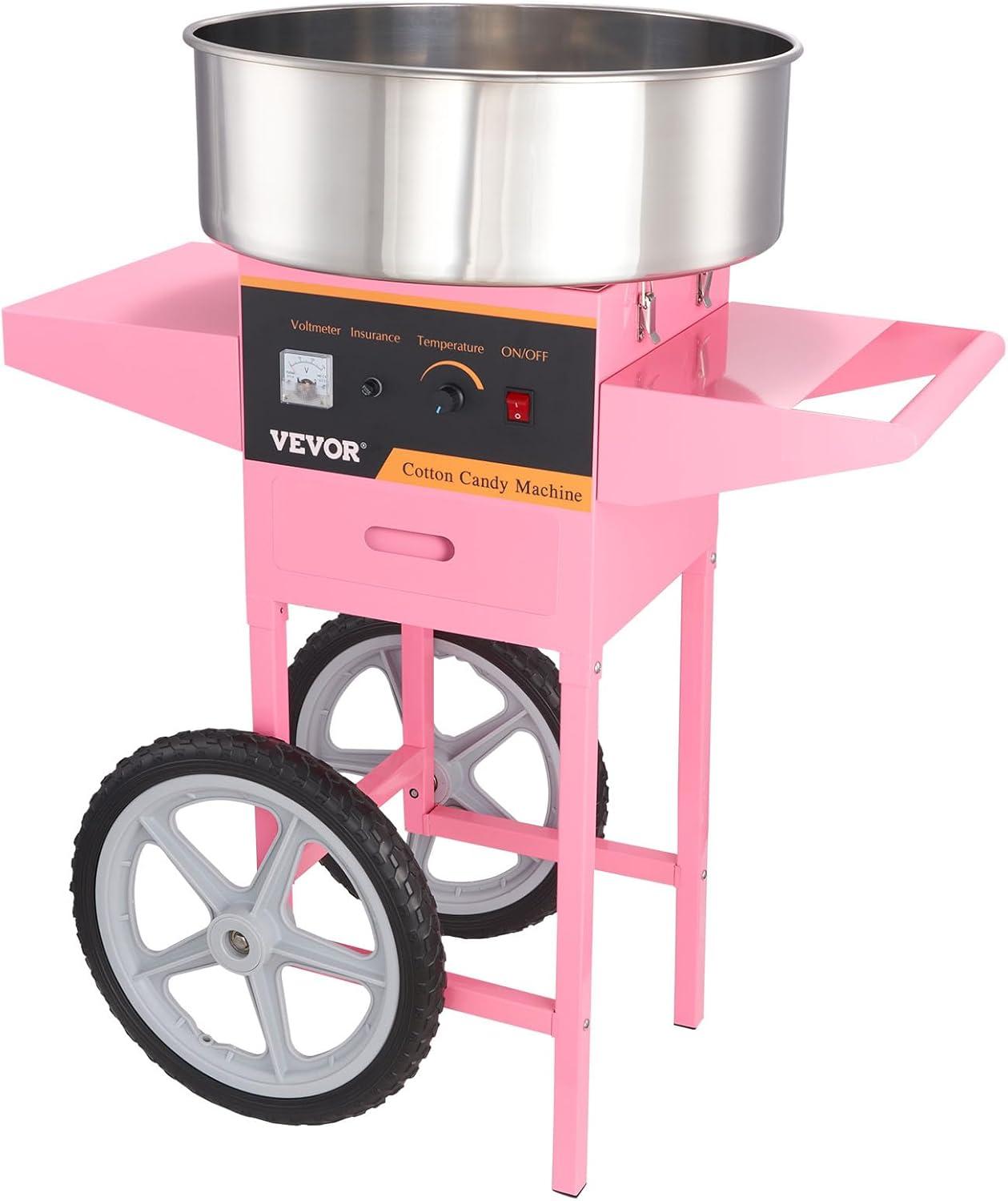 VEVOR Electric Cotton Candy Machine Cart, 1000W Commercial Floss Maker w/Stainless Steel Bowl, Sugar Scoop and Drawer, Perfect for Home, Carnival, Kids Birthday, Family Party, Pink