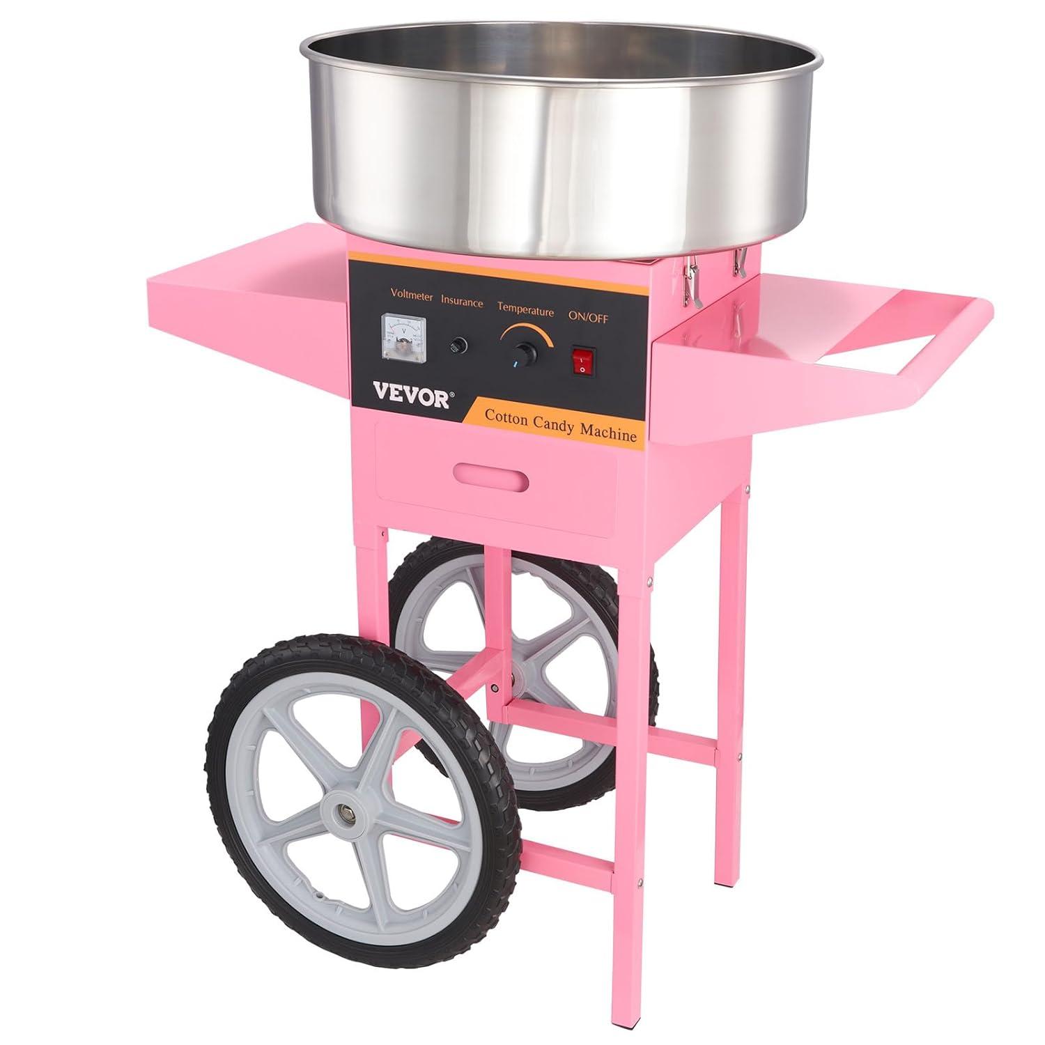 VEVOR Electric Cotton Candy Machine with Cart, 1000W Commercial Floss Maker with Stainless Steel Bowl, Sugar Scoop and Drawer, Pink
