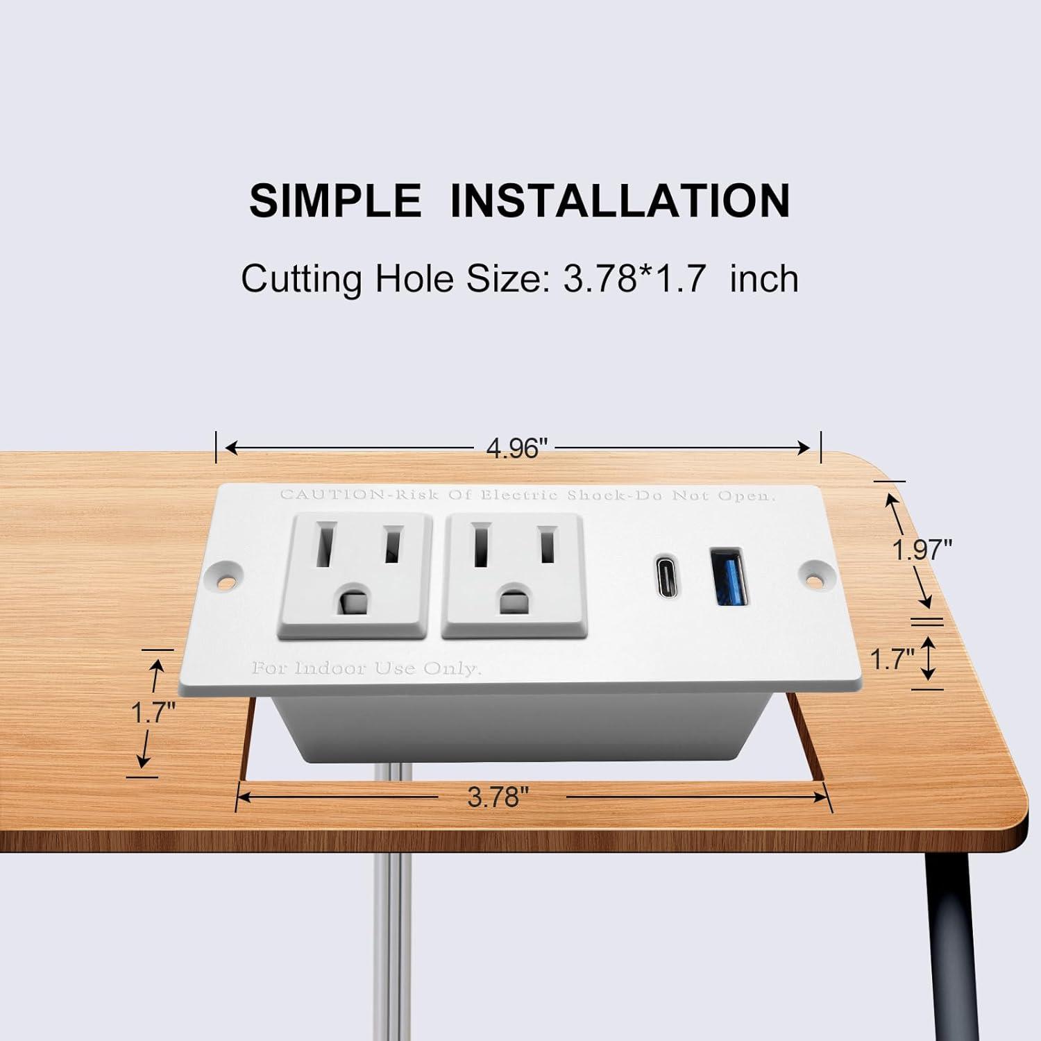 USB C Desk Recessed Power Strip Fast Charge Desktop Power Station 2 Outlets 2 USB (Total 20W) Mountable Flat Plug Extension Cord Mount for Tabletop Sofa Cabinet Nightstand