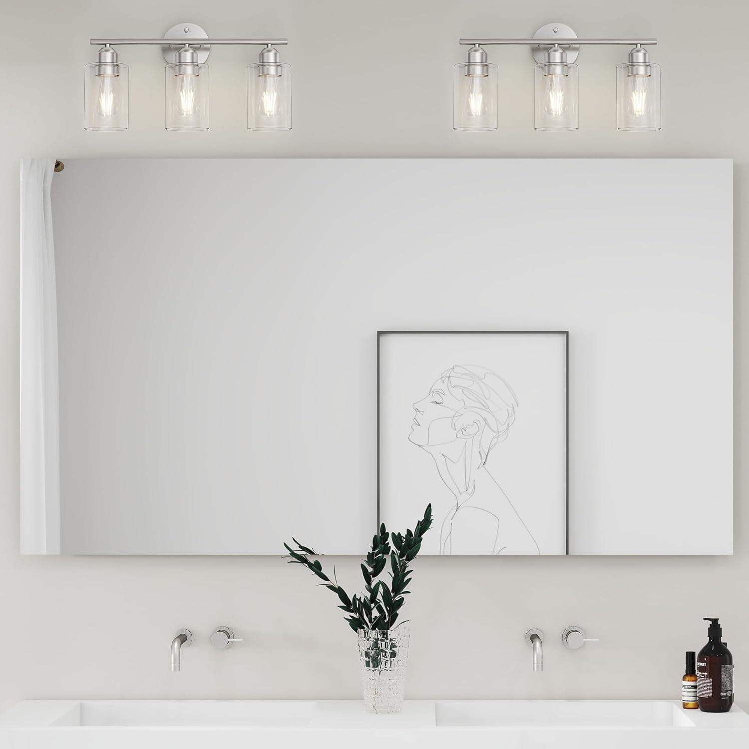 Vanity Wall Light Fixtures, Modern 3 Lights Wall Sconce with Clear Glass Shade, Brushed Nickel Farmhouse Wall Lamp for Bathroom Mirror Kitchen Porch Living Room Workshop (E26 Base)
