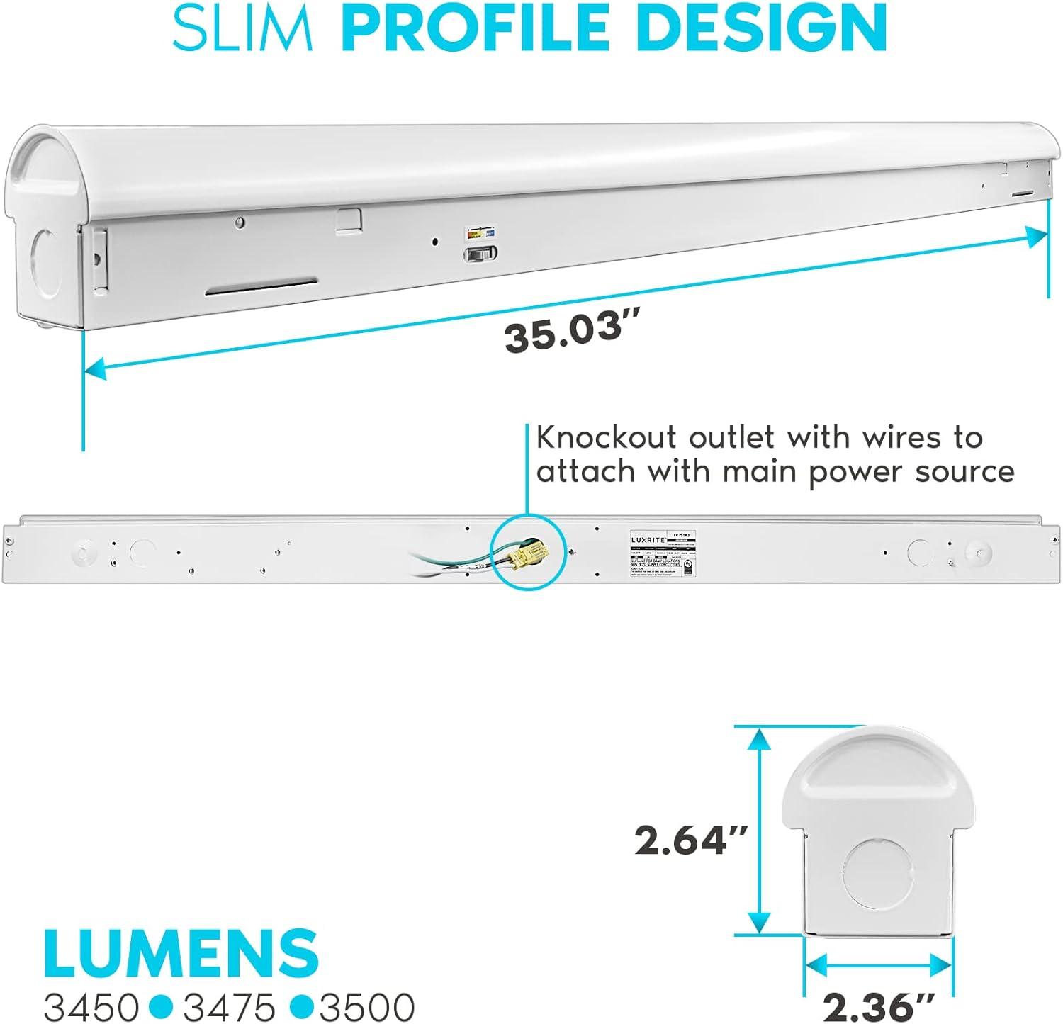 Luxrite 3FT Slim LED Shop Light, 25W, 3450 Lumens, 3 Color Selectable 3500K-5000K, 0-10V Dimmable, Damp Rated UL Listed