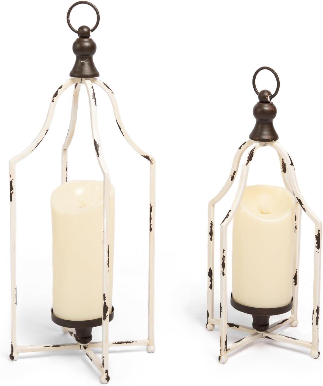 HPC Decor Lanterns Decorative for Home Decor- 16.5''13'' White Metal Candle Lanterns Set of 2- Modern Farmhouse Lantern Decor for Outdoor, Indoor, Living Room, Dining Table or Fireplace Mantle Decor