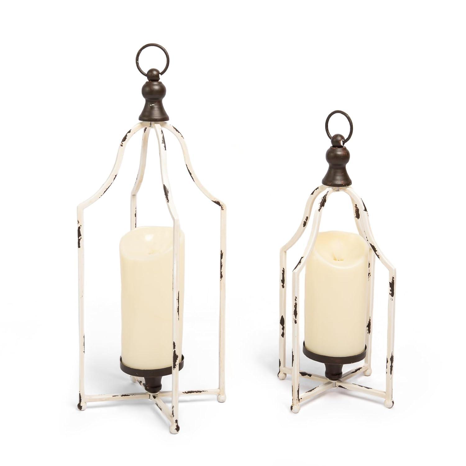 HPC Decor Lanterns Decorative for Home Decor- 16.5''13'' White Metal Candle Lanterns Set of 2- Modern Farmhouse Lantern Decor for Outdoor, Indoor, Living Room, Dining Table or Fireplace Mantle Decor