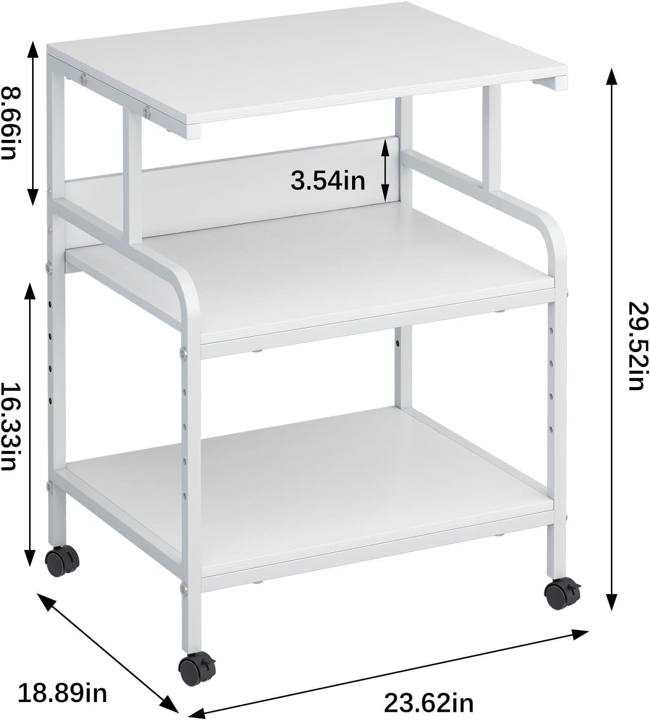 Large Printer Stand with Storage Shelf, 23.6" W x 18.9" D Printer Cart with Wheels, 3 Tier Mobile Printer Table for Home Office,Stands for Printer Heat Press Scanner Fax (White)