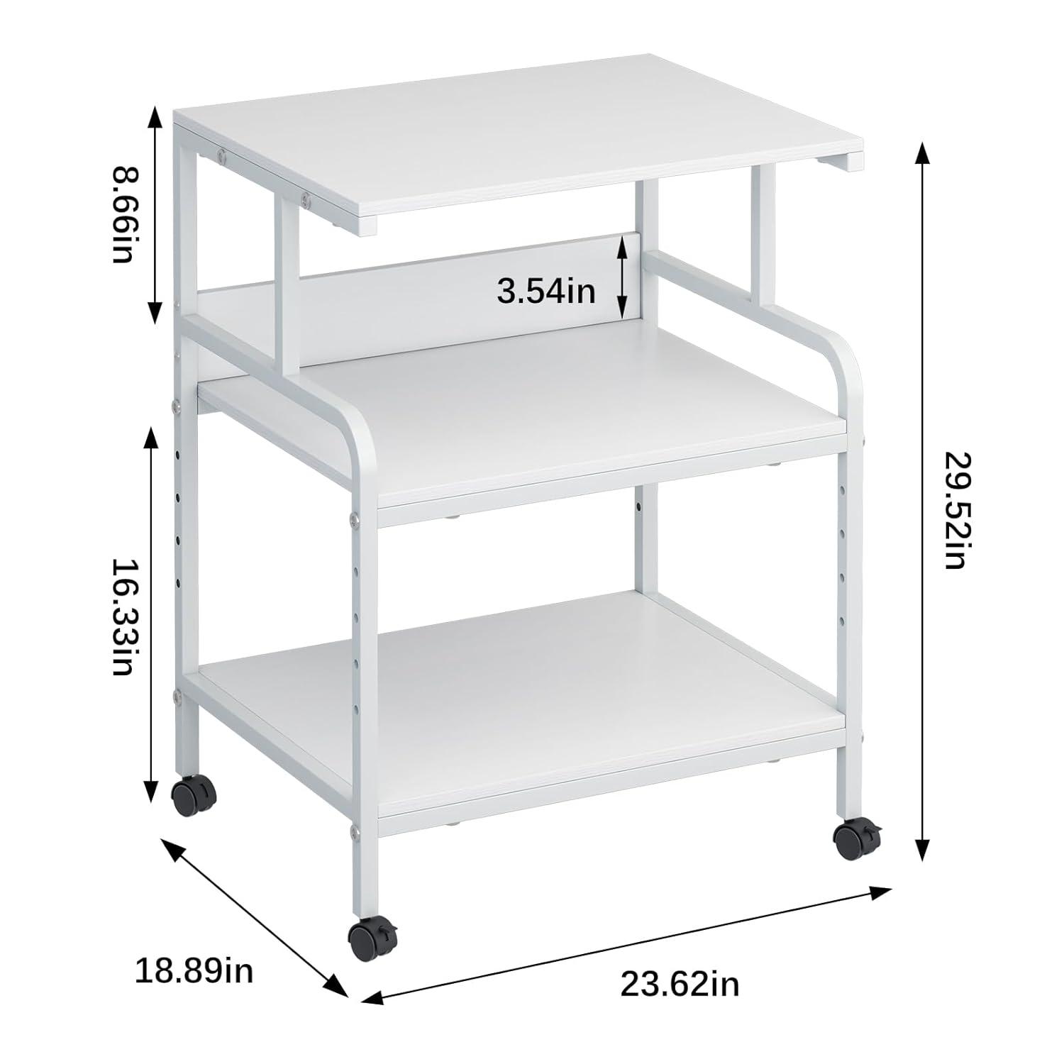 Large Printer Stand with Storage Shelf, 23.6" W x 18.9" D Printer Cart with Wheels, 3 Tier Mobile Printer Table for Home Office,Stands for Printer Heat Press Scanner Fax (White)