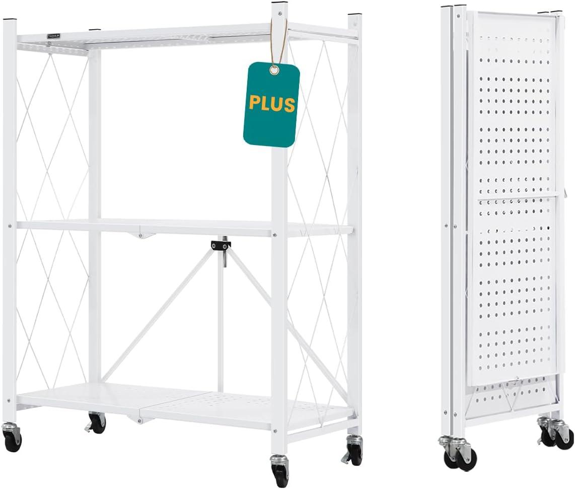 3-Tier Storage Shelves with Wheels, Folding Bookshelf No Assembly, Metal Display Shelf for Balcony, Kitchen, Basement, Pantry, White