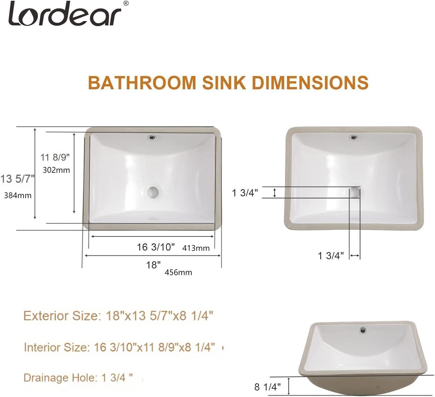 18" L x 14" W Undermount White Ceramic Rectangle Sink Under Counter Basin Bathroom Sink