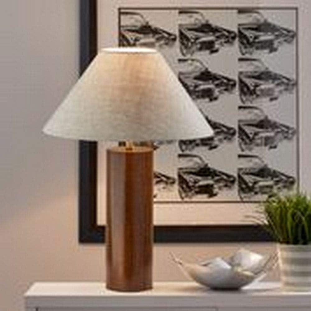 Walnut and Brass Modern Table Lamp with Fabric Shade