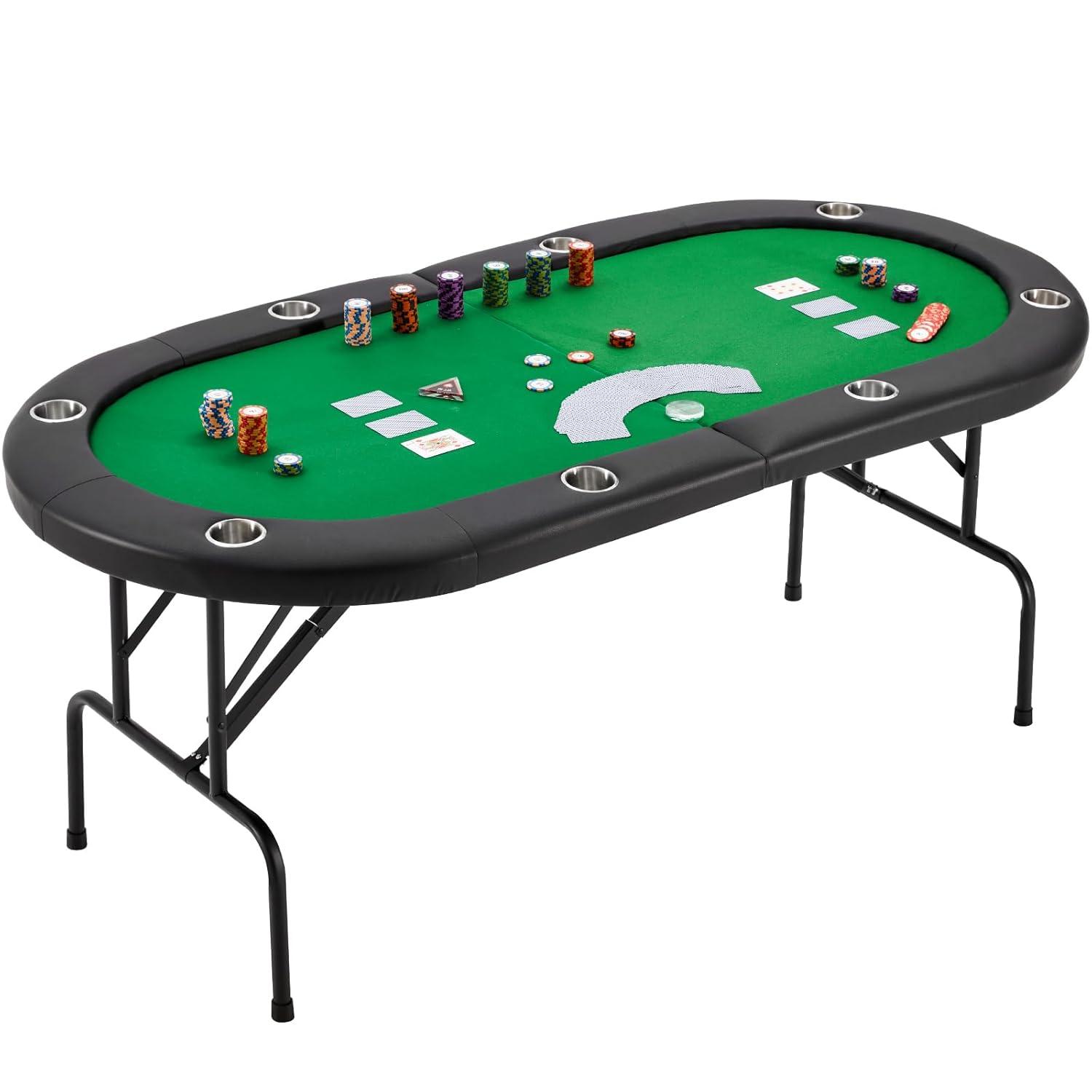 Folding Poker Table for 8 Players, Card Table with Cup Holder, Casino Leisure Table with Green Felt Surface for Blackjack Board Games