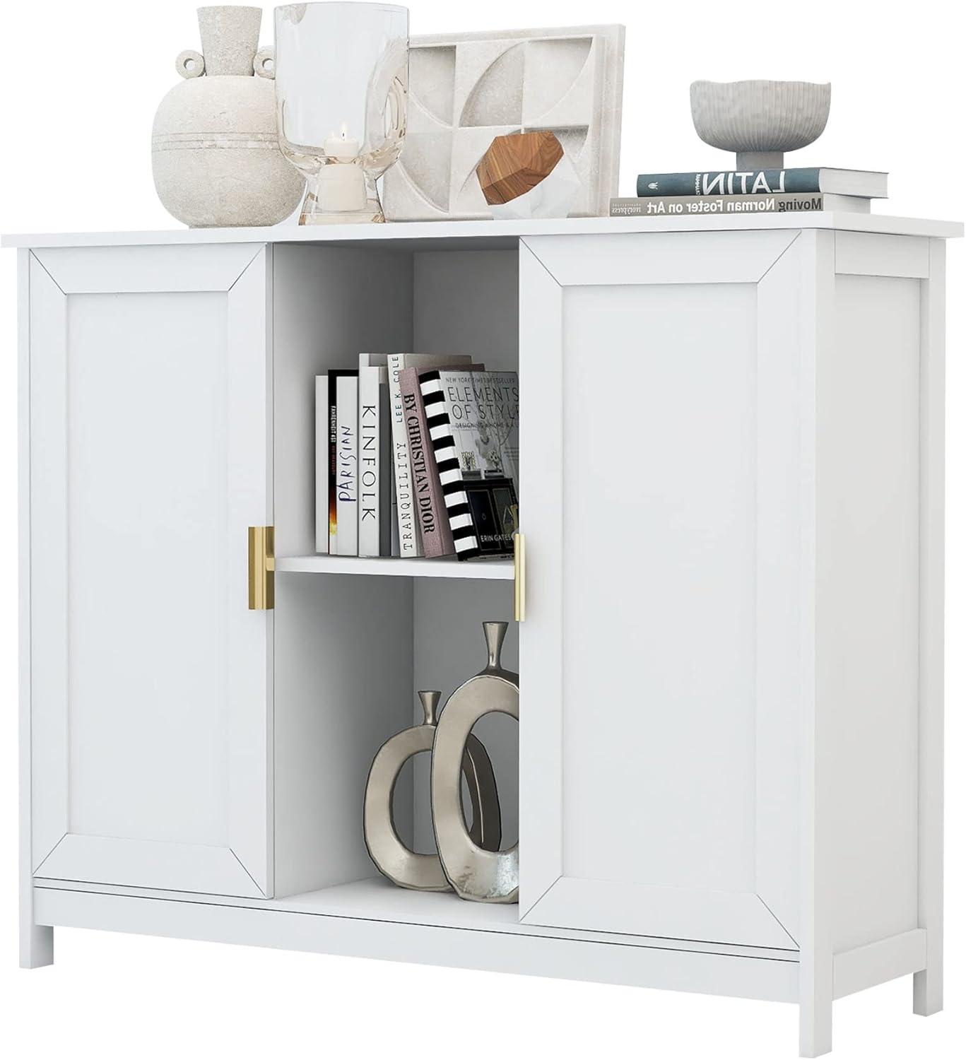 White MDF Storage Cabinet with Gold Handles and Shelves