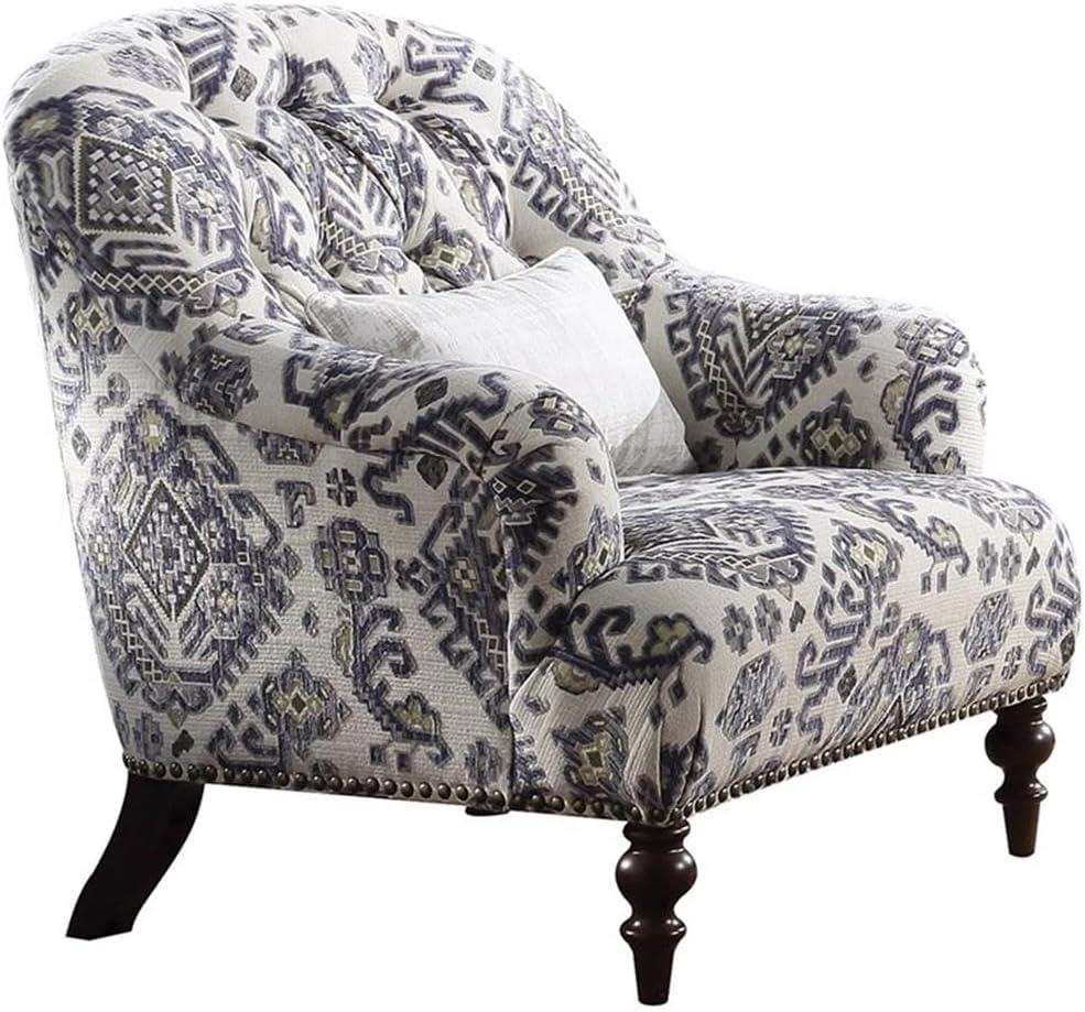 ACME Saira Tufted Accent Chair with 1 Pillow in Light Gray and Blue Fabric