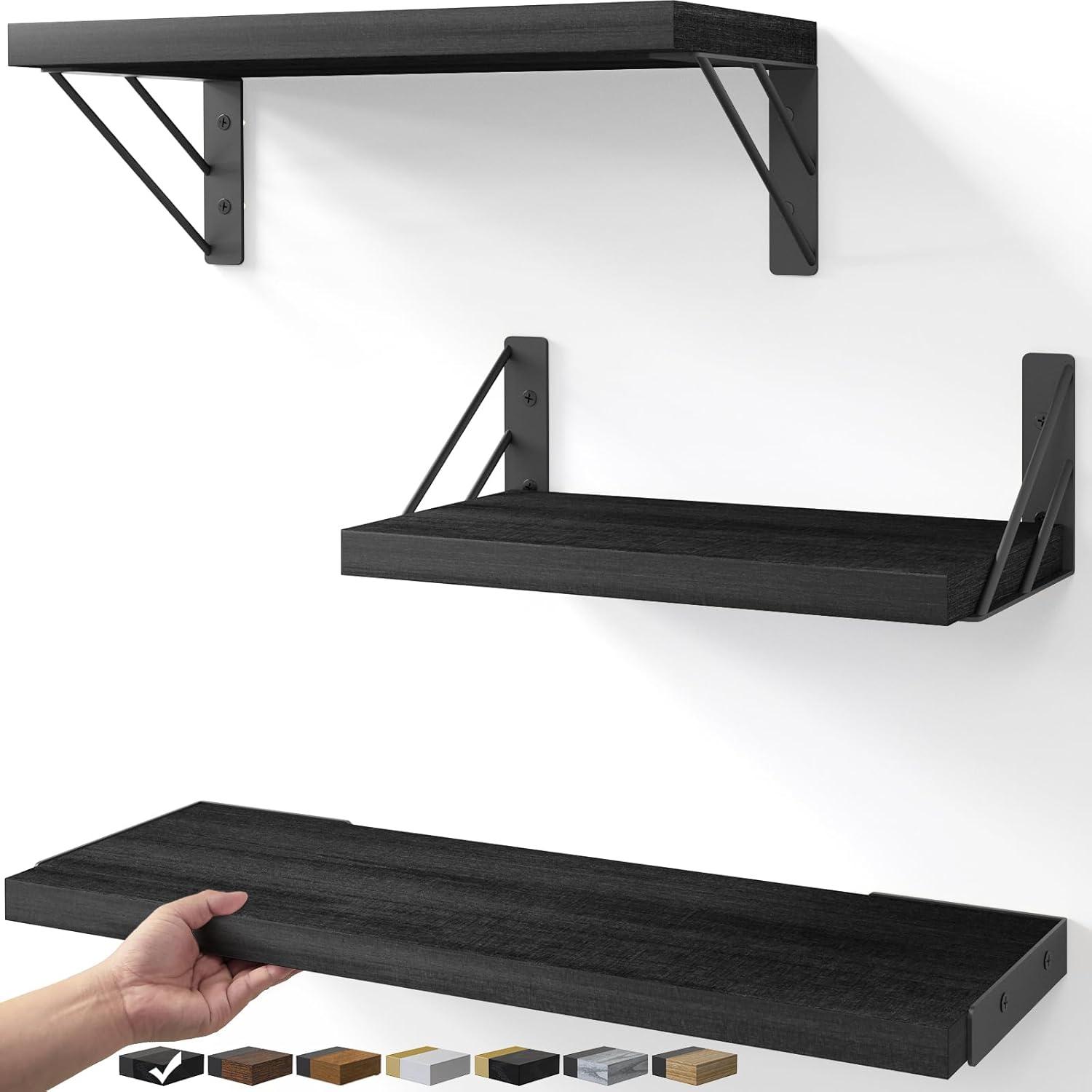 BAYKA Wall Mounted Floating Shelves, Wood Floating Wall Shelf for Books & Decor, Small Space-Saving Display & Organizer（Black，Set of 3）