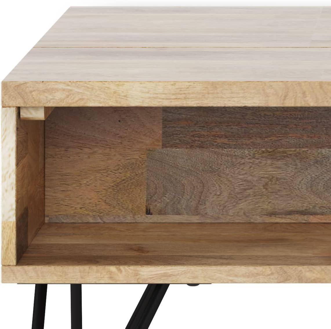 Hunter Solid Wood Industrial Small Lift Top Coffee Table with Hidden Storage and Metal Hairpin Legs.