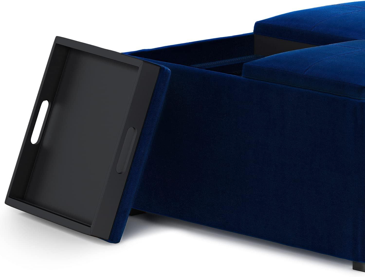 Simpli Home Avalon 35"W Upholstered Square Coffee Table Storage Ottoman with Flip-Over Trays