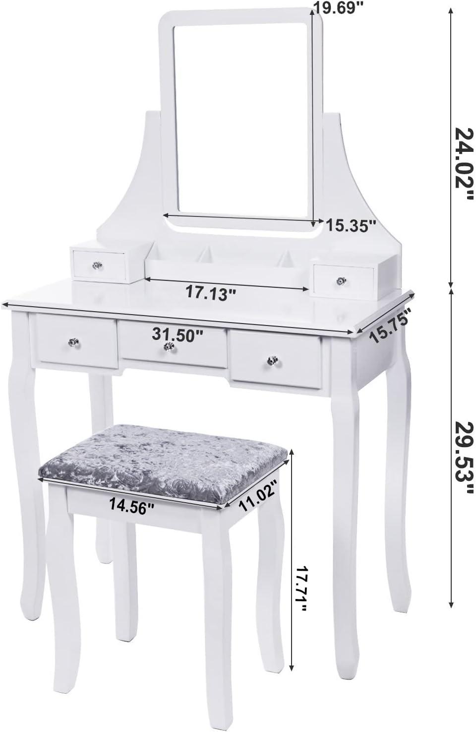 BEWISHOME Vanity Set with Mirror & Cushioned Stool Dressing Table Vanity Makeup Table 5 Drawers 2 Dividers Movable Organizers White FST01W