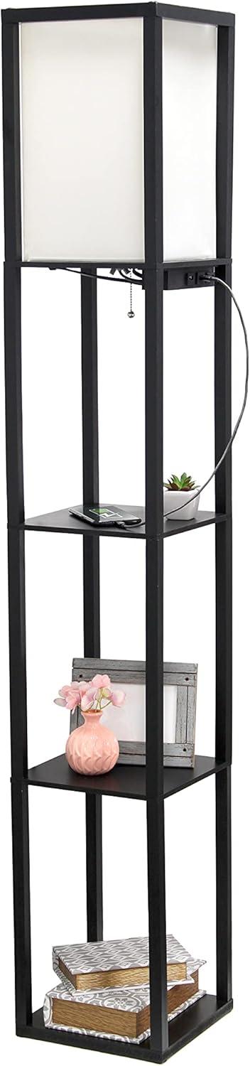 Simple Designs 62.5" 3-Shelf Etagere Organizer Storage Floor Lamp with USB Ports, Charging Outlet, Black