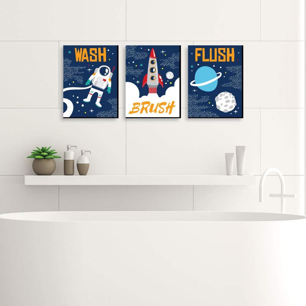 Big Dot of Happiness Blast Off to Outer Space - Kids Bathroom Rules Wall Art - 7.5 x 10 inches - Set of 3 Signs - Wash, Brush, Flush