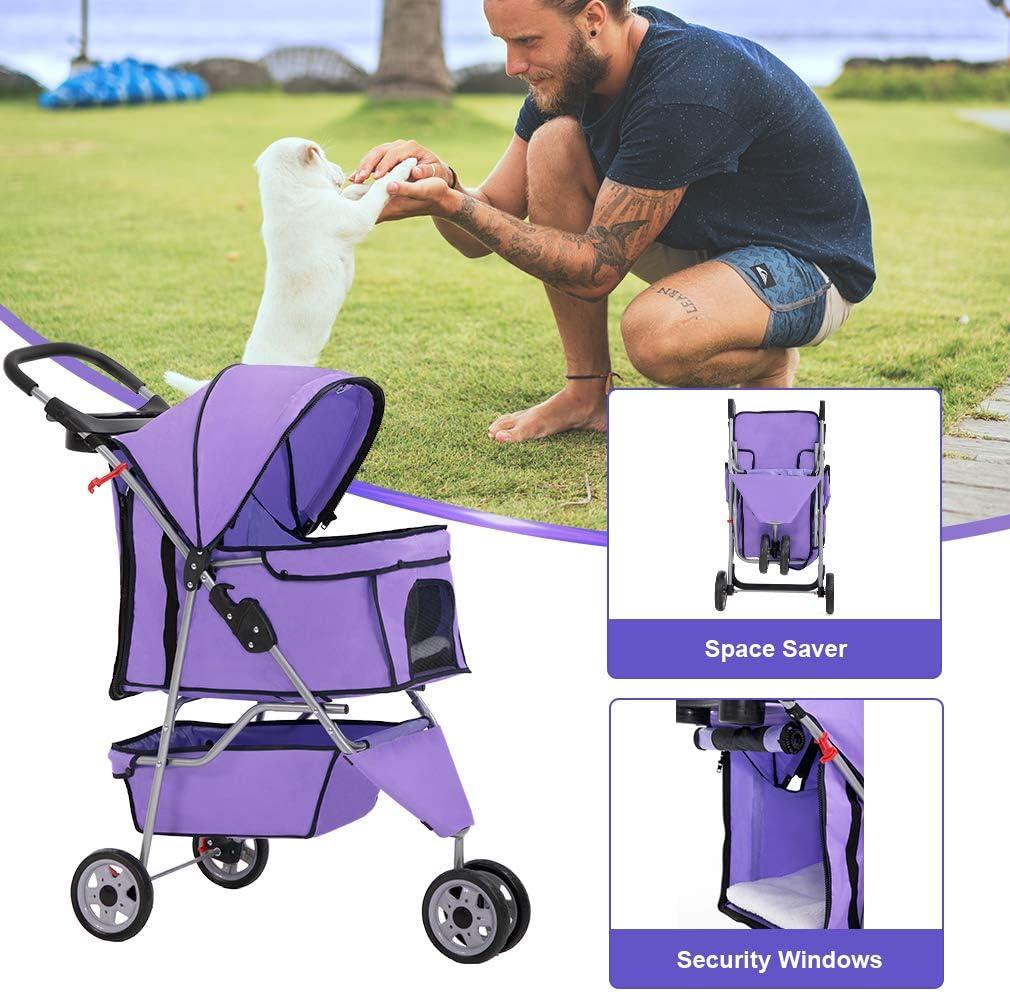 Dkelincs 3 Wheels Dog Cat Stroller Foldable Pet Stroller Travel Carrier with Cup Holder and Removable Liner, Purple