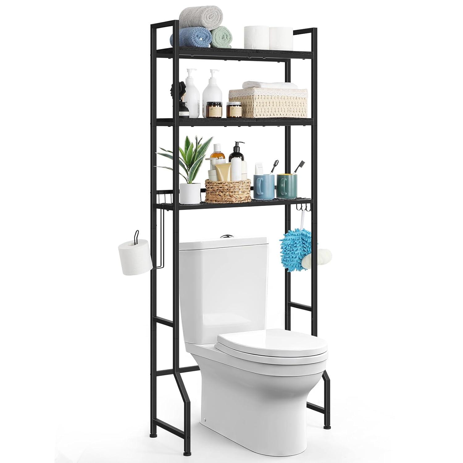 Over The Toilet Storage Over Toilet Rack Bathroom Organizer 3 Tier Toilet Shelf with 4 Hooks and Toilet Paper Holder Freestanding Bathroom Stand Over Toilet Save Space, Black