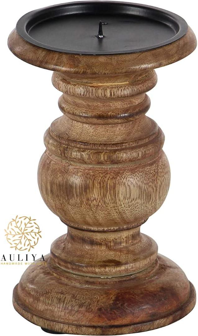 AULIYA Wooden Candle Holders Pillar Candles Holder Rustic Wood Stand Decorative Polish Candlestick Set of 3 for Home Decor - 6" 8" 10" Silver
