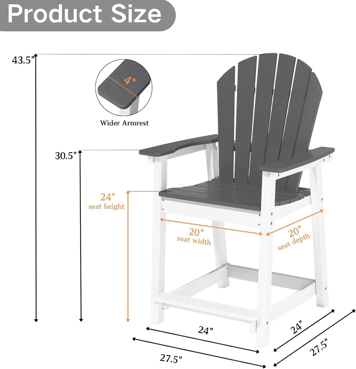 Outdoor Tall Adirondack Chair, Patio Bar Stool Chair with High Back, 400lbs, Widened Arms, All-Weather Balcony Chair for Backyard, Garden, Yard (1 PC)