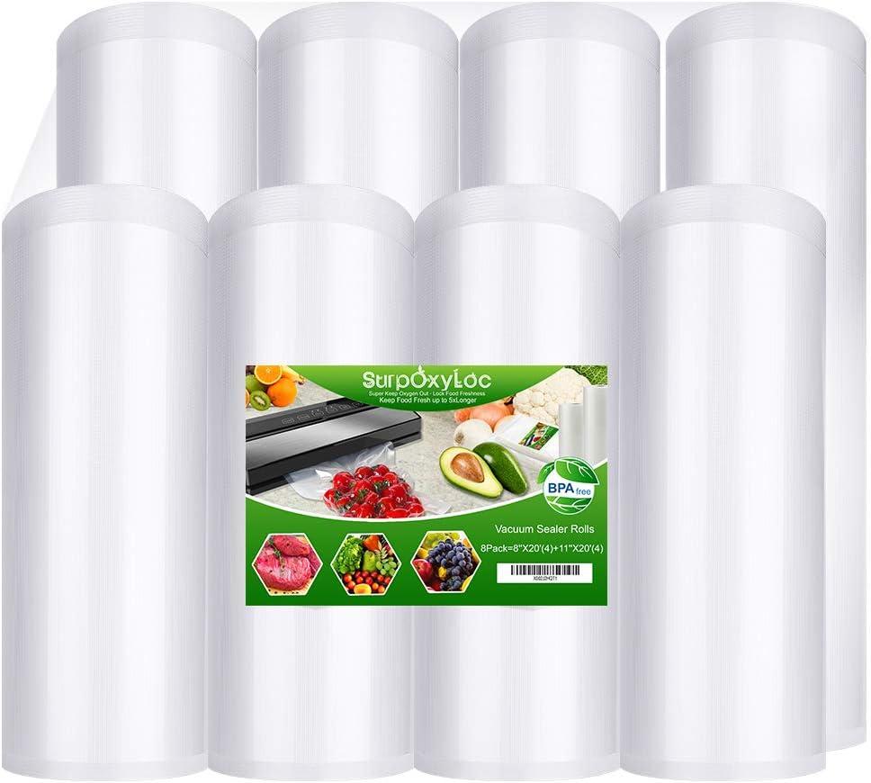 WVacFre 8Pack 8"x20'(4Rolls) and 11"x20' (4Rolls) Vacuum Sealer Bags Rolls for Food Storage seal Bag