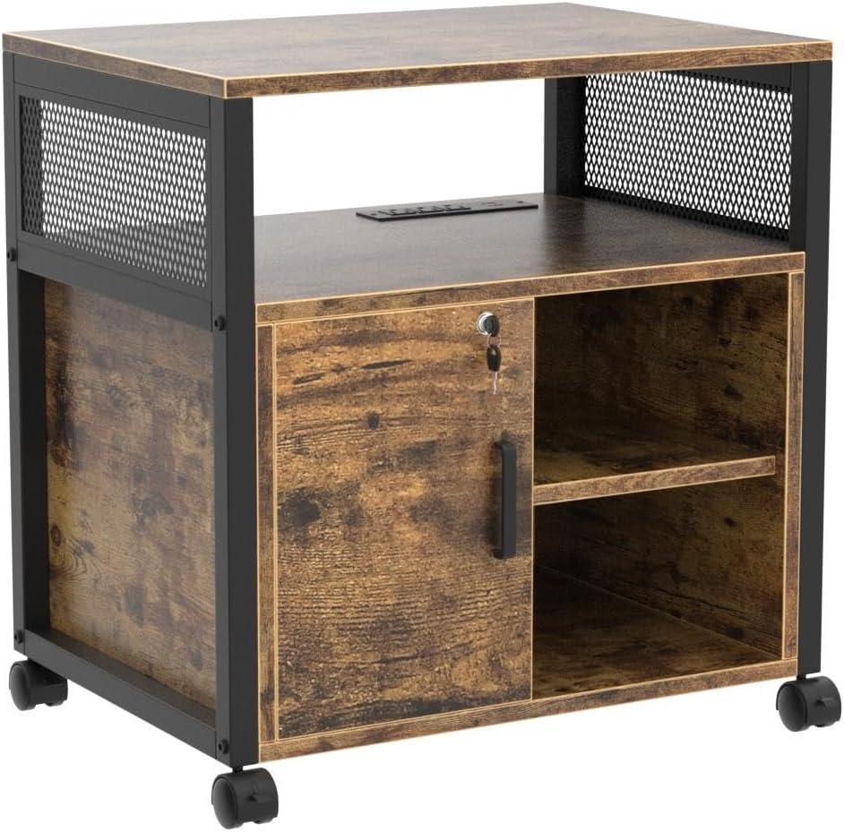 File Cabinet, Locking Office Filing Cabinets with Socket and USB Charging Port, Modern Rolling Printer Stand with Storage for Printer Scanner Fax Home Office Use with Wheels,Brown
