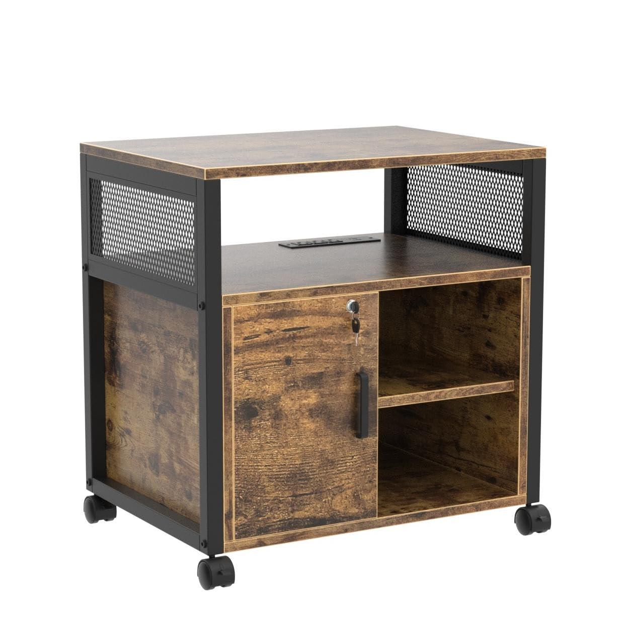 File Cabinet, Locking Office Filing Cabinets with Socket and USB Charging Port, Modern Rolling Printer Stand with Storage for Printer Scanner Fax Home Office Use with Wheels,Brown