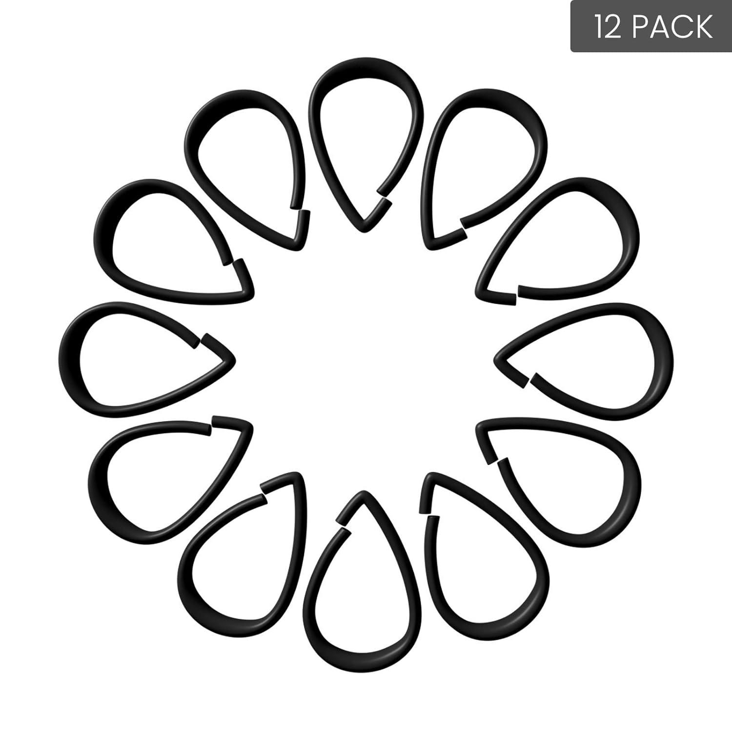 Top-spring Shower Curtain Hooks Black Plastic Shower Curtain Rings, Drop Shaped Shower Hooks for Curtain Bathroom Shower Rod - Set of 12