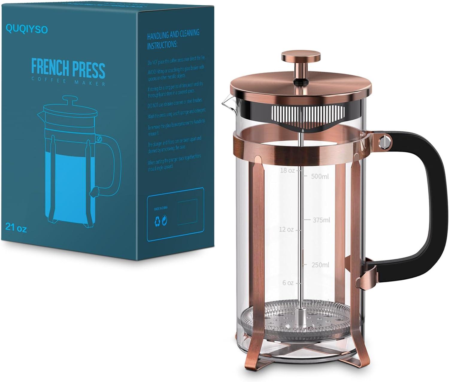 French Press Coffee Maker (21oz 600ML 3-4Cup) Coffee Press, with 4 Filters System, Heat Resistant Thickness Borosilicate Glass, Cold Brew Coffee Tea Pot Gifts (Copper)