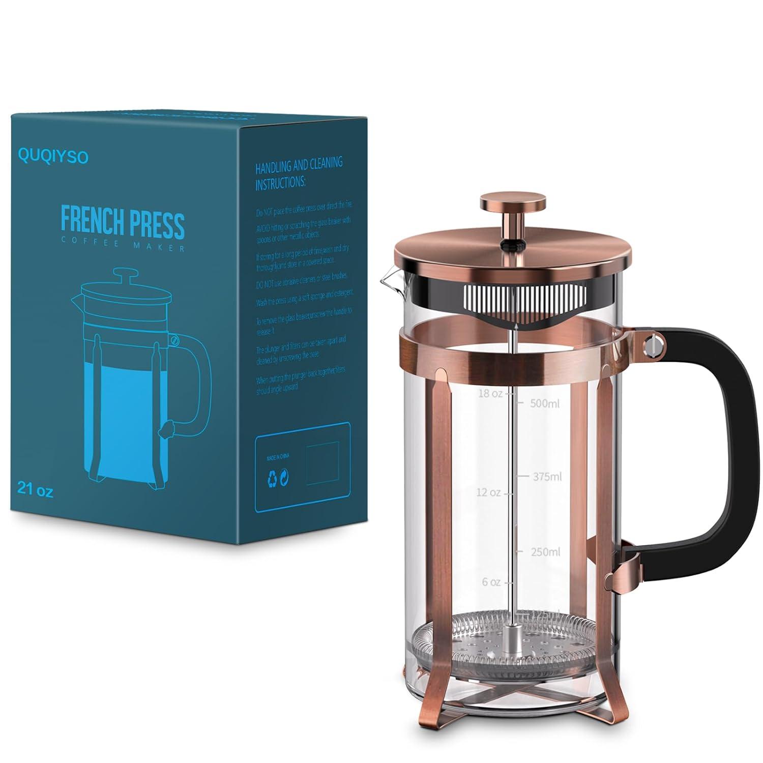 French Press Coffee Maker (21oz 600ML 3-4Cup) Coffee Press, with 4 Filters System, Heat Resistant Thickness Borosilicate Glass, Cold Brew Coffee Tea Pot Gifts (Copper)