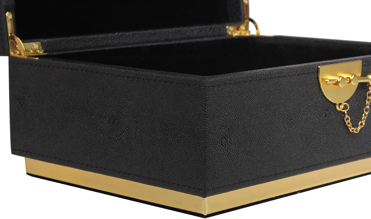 Elegant Black Faux Leather Rectangular Decorative Box with Gold Accents