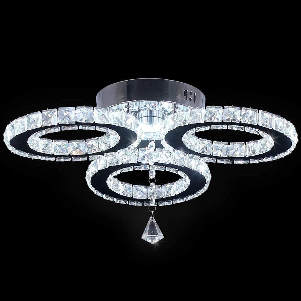 LED Crystal Pendant Ceiling Light 13x3.5 Inches 3 Rings Crystal Chandelier Flush Mount Lighting Fixture for Bedroom Hobby Living Room (Cool White)