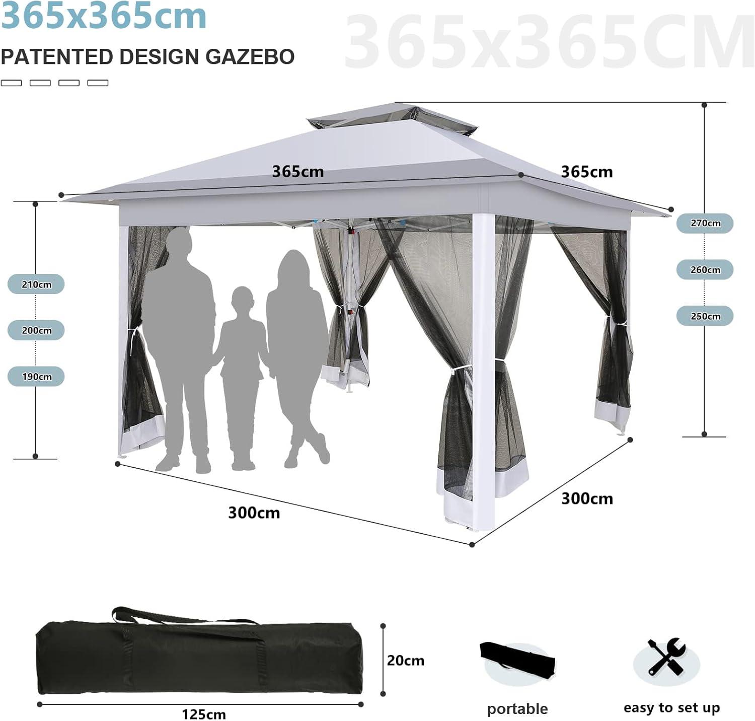 COBIZI 12'x12' Pop-up Gazebo Patio Gazebo Outdoor Gazebo Canopy with Mosquito Netting Patio Tent Backyard Canopy with 2-Tiered Vented Top 3 Adjustable Height and 144 Square ft of Shade, Gray