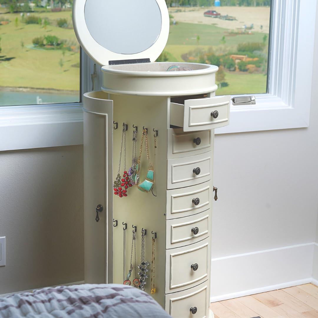 Hives and Honey Bailee Standing Jewelry Armoire - 7 Drawers, Mirror Top, Side Doors - Necklace, Earring, Bracelet Organizer, Ivory