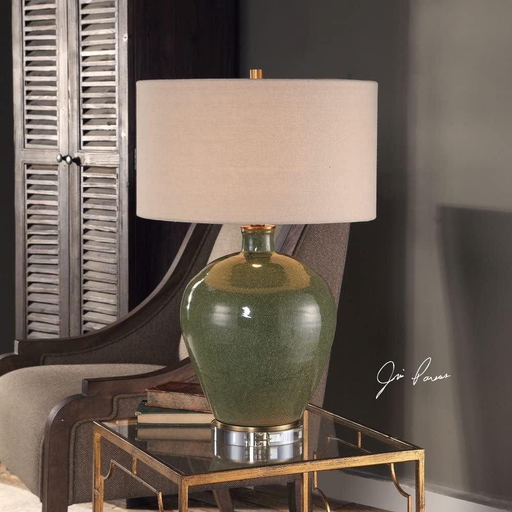 Uttermost Modern Table Lamp 27 1/4" Tall Distressed Emerald Green Glaze Ceramic Beige Linen Shade for Bedroom Living Room Office