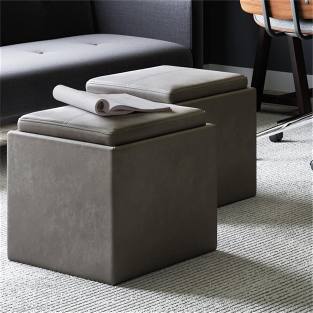 Simpli Home Rockwood Square Faux Leather Storage Ottoman With Tray in Slate Gray