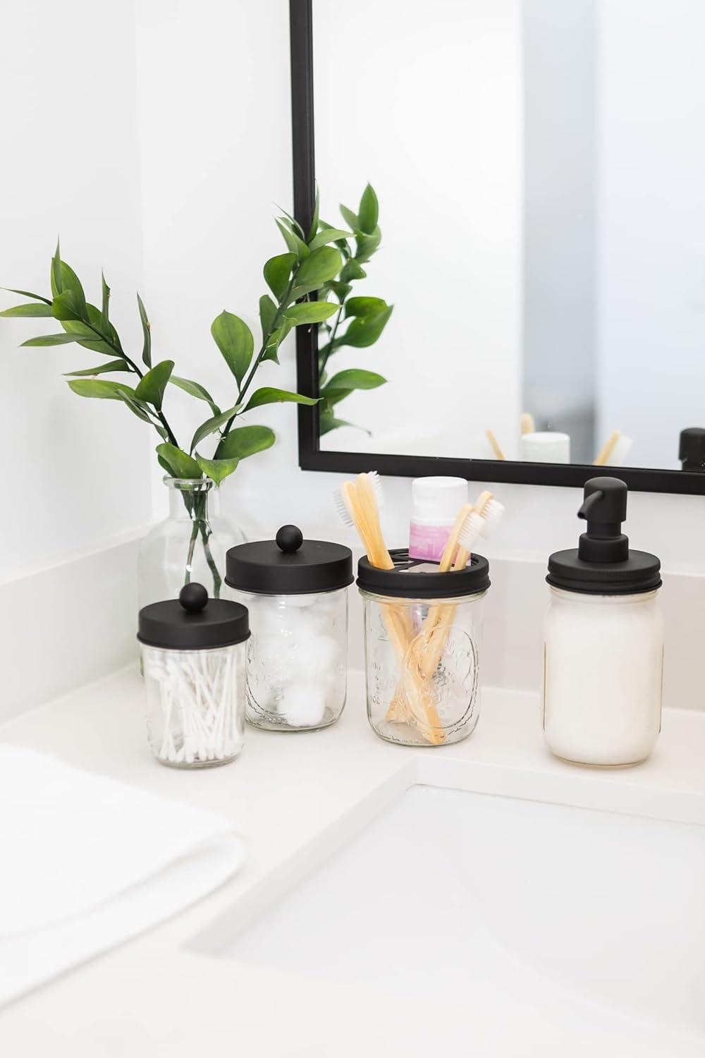 Mason Jar Bathroom Gift Set (4 pcs) - Lotion/Soap Dispenser, Toothbrush Holder, Q-Tip Storage Jars - Farmhouse Home Decor for Vanity Organization - Luxury Bathroom Accessories - Black