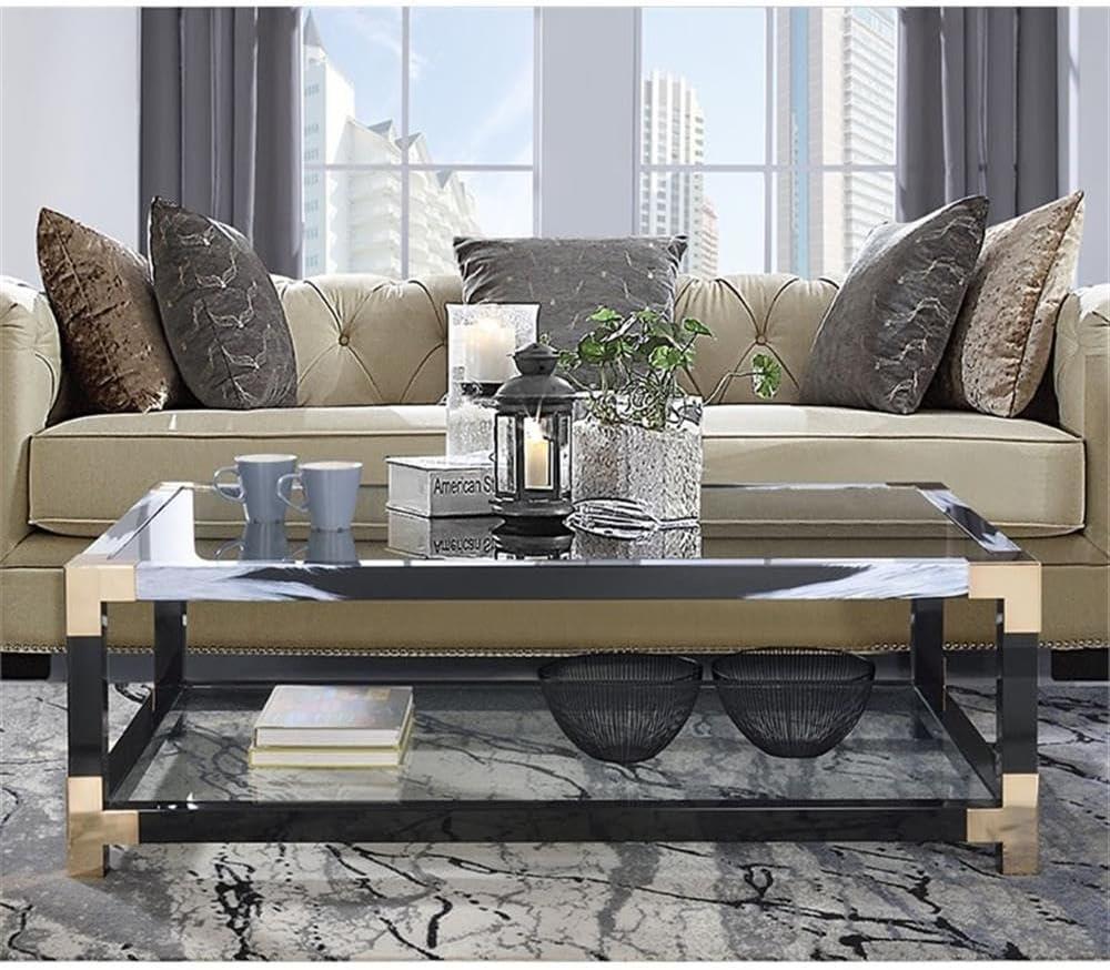 Black and Gold Rectangular Glass Coffee Table with Storage Shelf