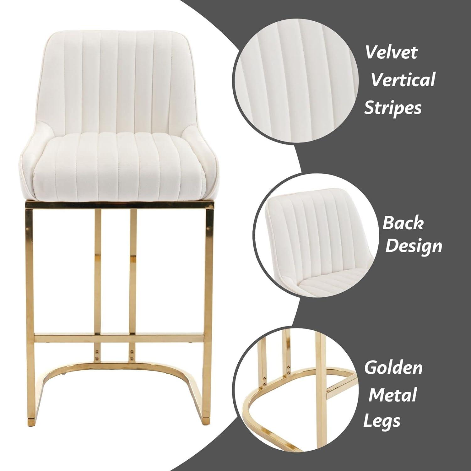 Counter Height Stools Set of 2, Velvet Bar Stools with 27 Inches Upholstered Seat Height, Handmade Woven Back Armrest, Sturdy Golden Metal Legs for Home Dining Pub Kitchen Island, Beige