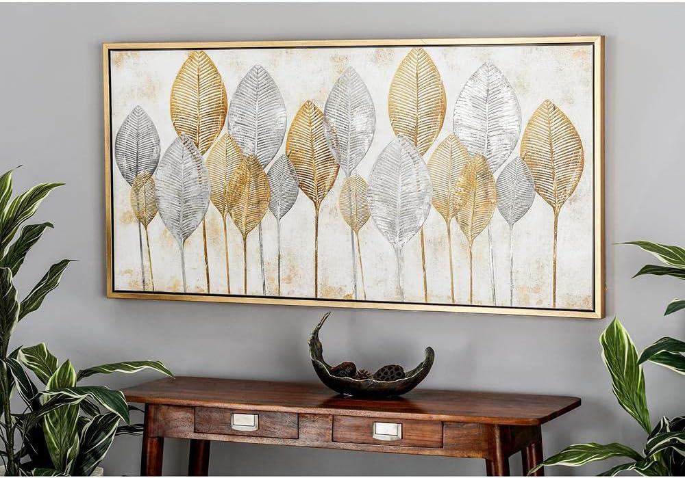 Canvas Leaf Living Room Framed Wall Art with Silver Accents and Gold Frame