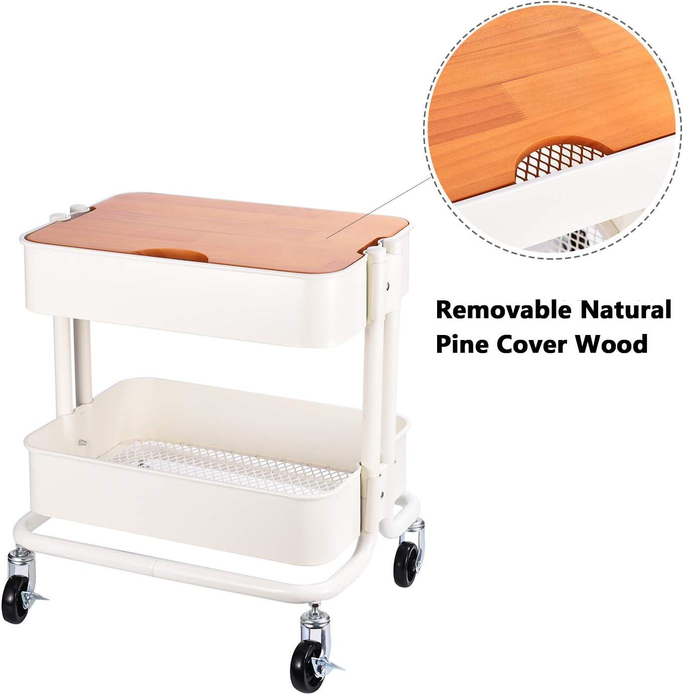 Melody House 2 Tier Metal Utility Rolling Cart Storage Organizer with Cover Board, Mobile Trolley Sofa Side Table with Wheels for Office Home Kitchen Organization, White