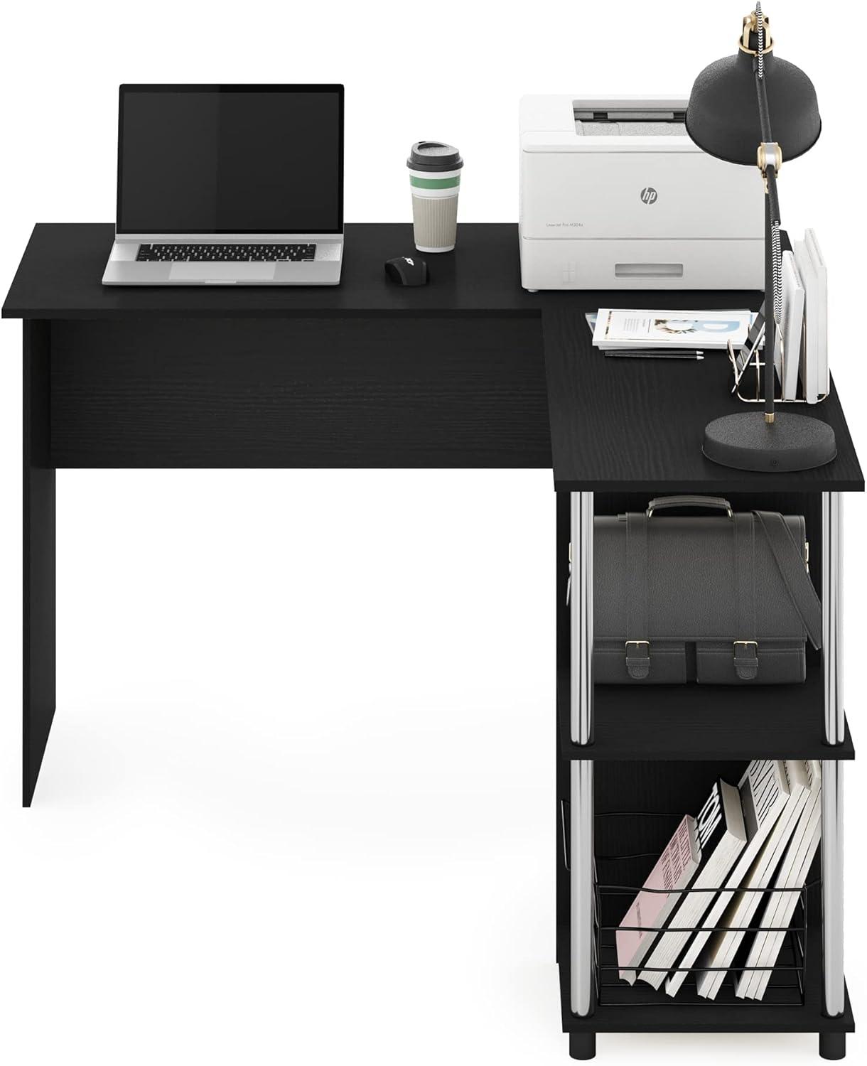 Americano Wood and Chrome L-Shaped Computer Desk with Open Shelves